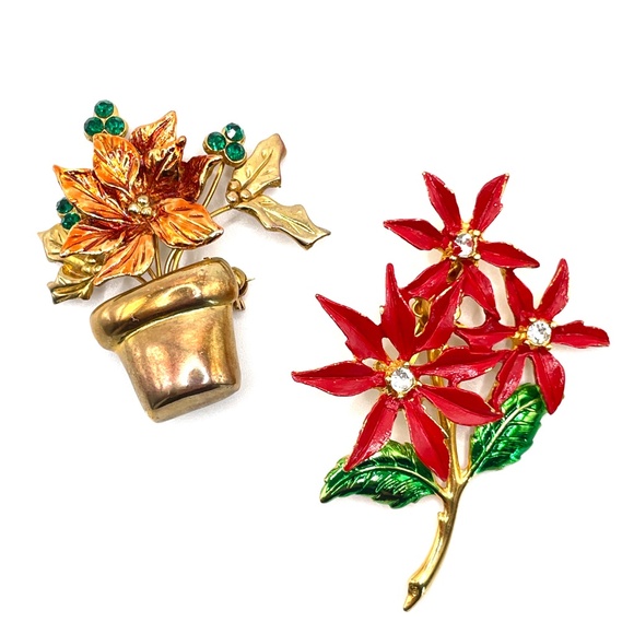 Vintage Unsigned Christmas Holiday Poinsettia Pins Brooches Lot of 2 - Picture 1 of 8